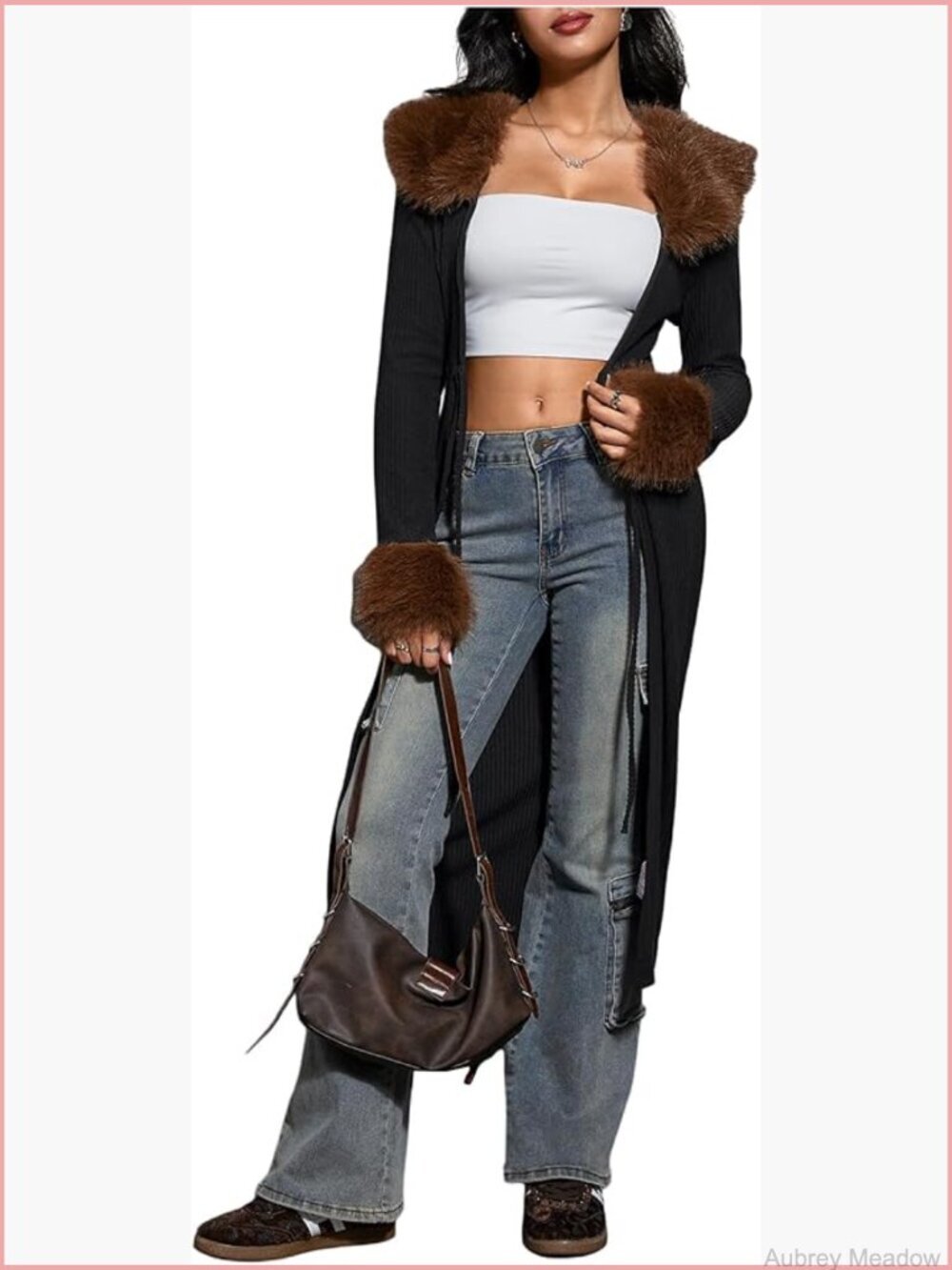 Faux Fur Trim Long Cardigan Open Front Tie Front Knit Sweater Coat